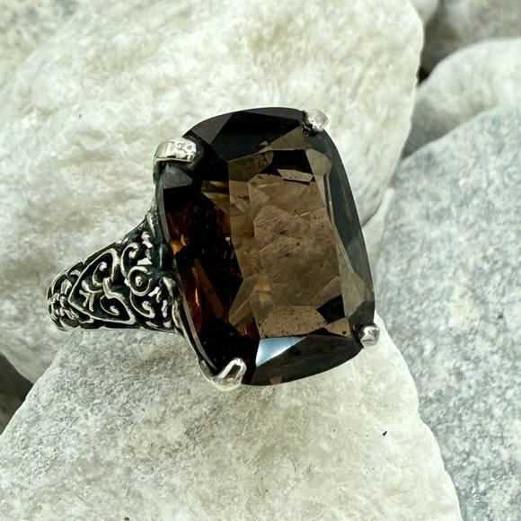 Sterling Silver Smoky Quartz Filigree Statement Ring Size 8 - Picture 4 of 17